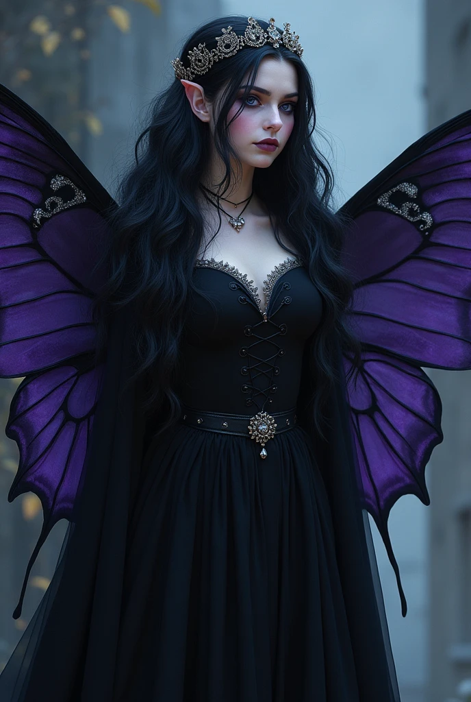 Style réaliste,  portrait, wallpaper hd 4k. Reine des faes de la cours des ténèbres, femme, longue chevelure noires coiffée d'une couronne en argent avec des obsidienne et laissé libre, peau pâle, yeux intense vairon bleu nuit et violet (oeil gauche bleu nuit et oeil droit violet) avec des paillettes argentées, maquillées élégamment, lèvres avec sourire sombre. Le personnage a de grandes ailes de papillon de couleur noir et violet. Le personnage porte une longue robe noir d'un style gothique très élégante.