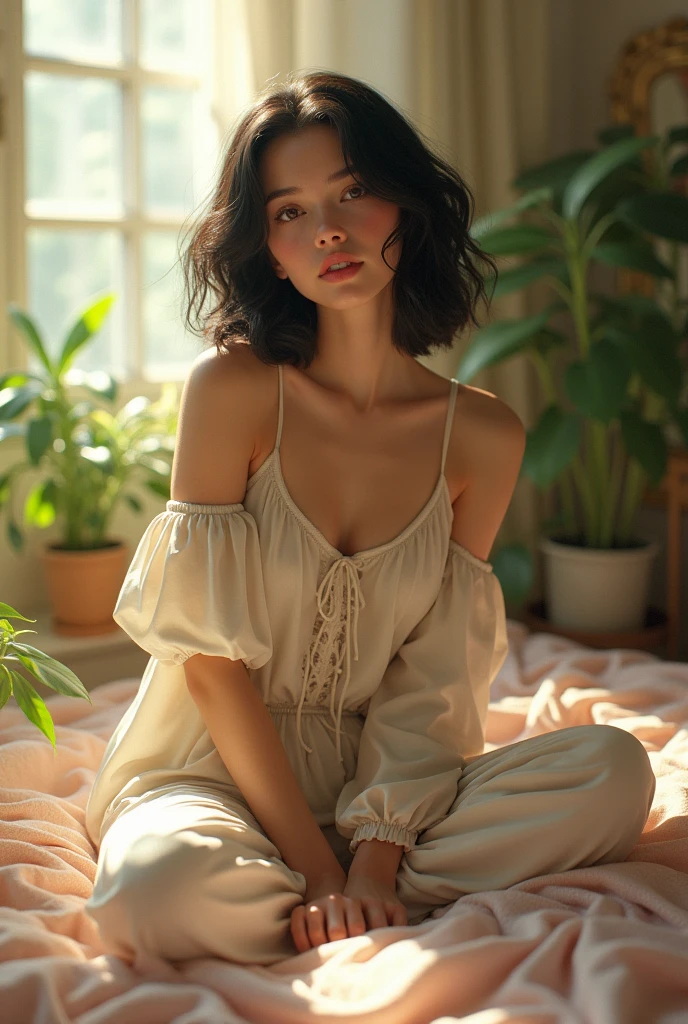 (photorealism:1.2), beautiful woman, sitting on bed, wearing loose off-shoulder top, pajama pants, short hair, indoors, soft lighting, plants in background, window with sunlight, cozy room, relaxed pose, realistic, intricate details, warm colors