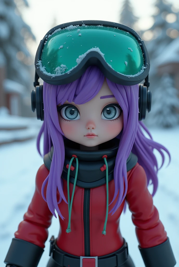 1girl, cute , naughty face,  Ski Suit, orange eyes, light blue hair, twin braids, flattop, //