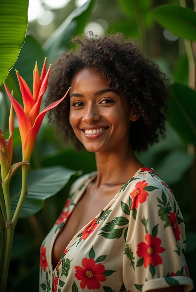 A Brazilian woman in a lush tropical garden, wearing an open shirt with a floral print, with a close-up capturing the harmonious beauty between her breasts and the natural flowers, showing off your natural charm and outgoing personality.