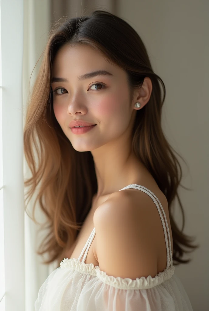 very detailed 8K, Highest quality, very detailed, Looking at the camera:1.2, Light shines on your face:1.5, gray background, professional lighting), Japanese women, 26 years old, Full-body composition of a bright face. She has an oval face., Soft arched eyebrows, Eyes that express brightly,,, prominent nose, and friendly smile. Her hair is shoulder length., straight, Dyed a pale chestnut color.. She wore a lace bra., It should be a light color., , She's looking at me from below. provocative elements