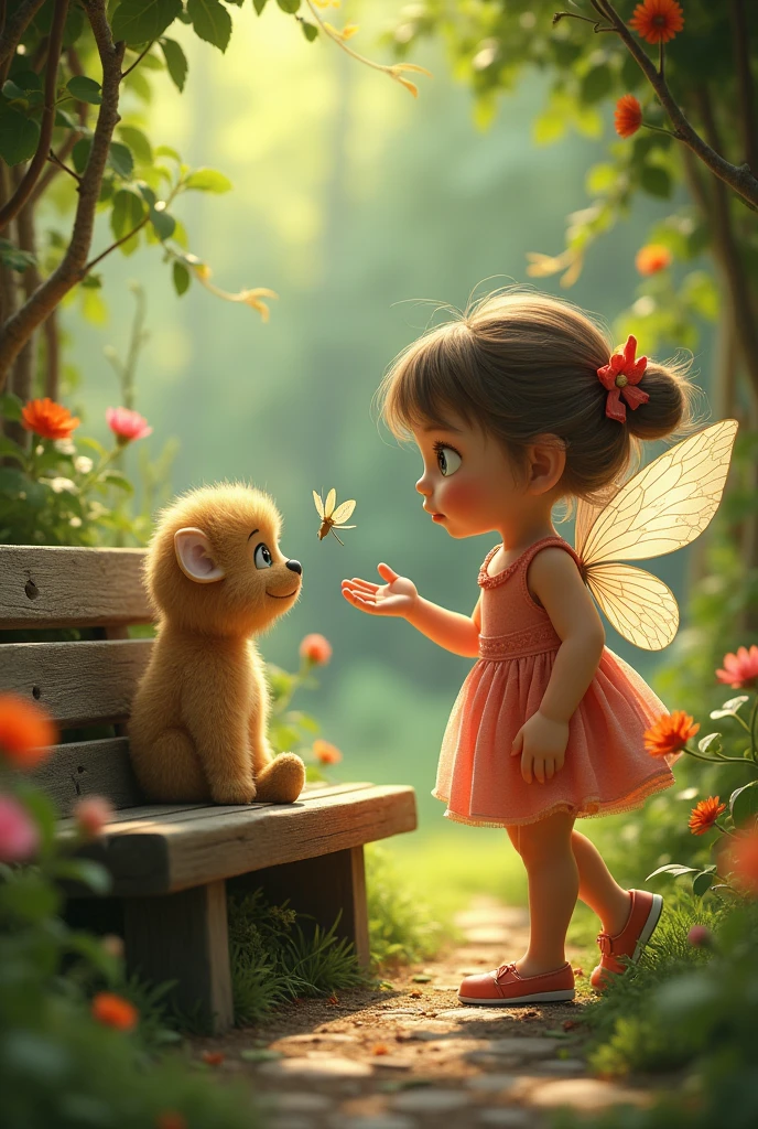 : A young girl notices Angel Cat's longing look. She smiles, picks up the tiny creature gently, and buys her an ice cream. Angel Cat's face lights up with happiness, her wings fluttering excitedly.
