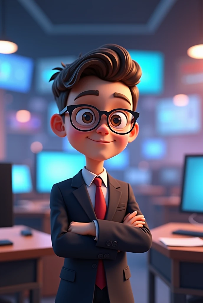 animated image of a white-skinned boy ,  hairstyle back , formal dress,  with black lenses against a background of a newsroom