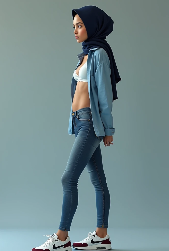 Very Skinny flat chest (blue hijab), (short jeans) & naked