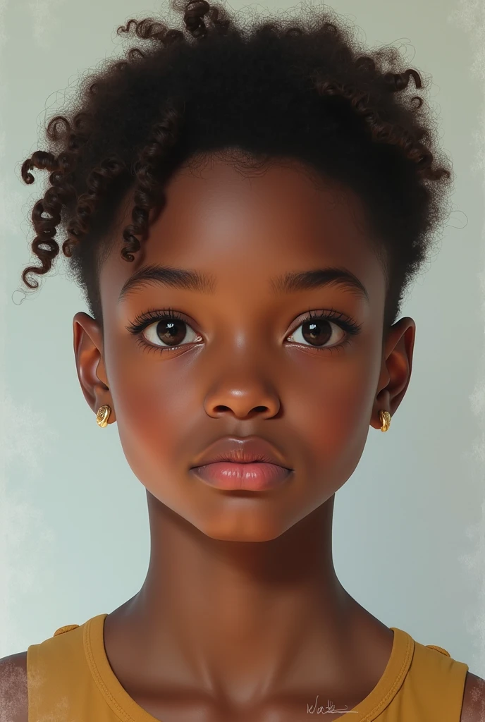 brown child , brown dark eyes, short curly dark brown hair, pierced chin, buzz dress