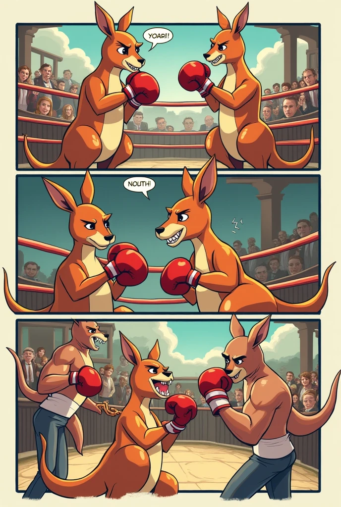two kangaroos in boxing gear standing next to each other, subject : kangaroo, subject: kangaroo, kangaroos, spy kangaroo, boxing match, posing for a fight, kangaroo, fight battle, intense fighting, getting ready to fight, fighting, in a fighting stance, fights, fight, posing ready for a fight, sam and max, in a fighting pose