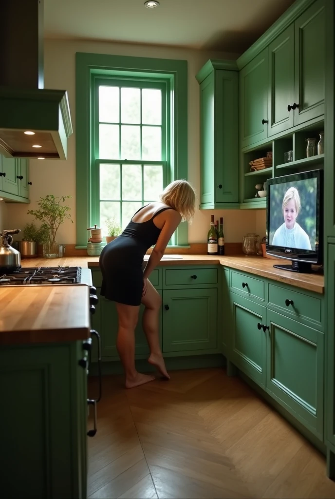 Large modern kitchen in green in Victorian style. Curvy short haired