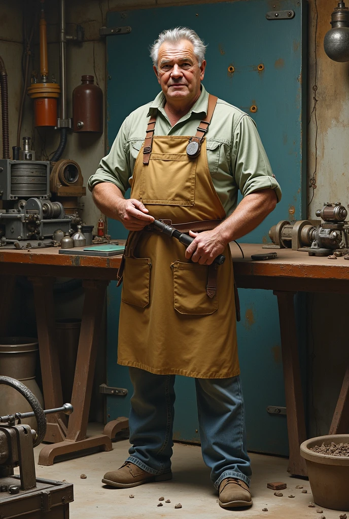 a blue-collar white american man in his '60s leans on the front counter of an appliance parts supply shop, overweight, unkempt grey beard, trucker's cap, thick eyeglasses, blue eyes, electrician, working man, american, refrigerator parts, shelves, dimly lit, high quality, hyper realistic, dirty fingernails, serious expression, looking at viewer, customer service, grey jumpsuit, name tag, rolled up sleeves, hairy arms, oil stains, machinery, edison light bulbs, concrete floor, cash register, receipts, paperwork, manuals, electronic parts, wires, cables, cable spools, handpainted signage, dusty interior