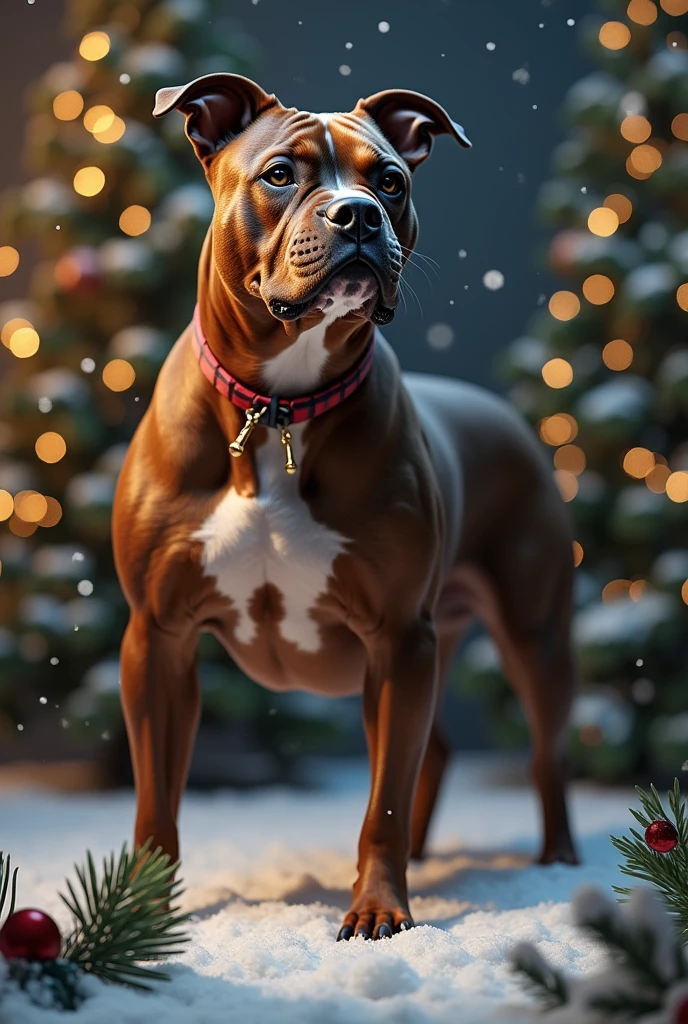 Boxer dog sitting on the floor next to the Christmas tree with Christmas lights in the background. Cachorro macho filhote!!! With delicate features male and cub, cor marrom claro com detalhes brancos na pata, Neck strap, peito e ponta da calda. (( Brown muzzle with white features )). good ilumination, Cinematic lighting