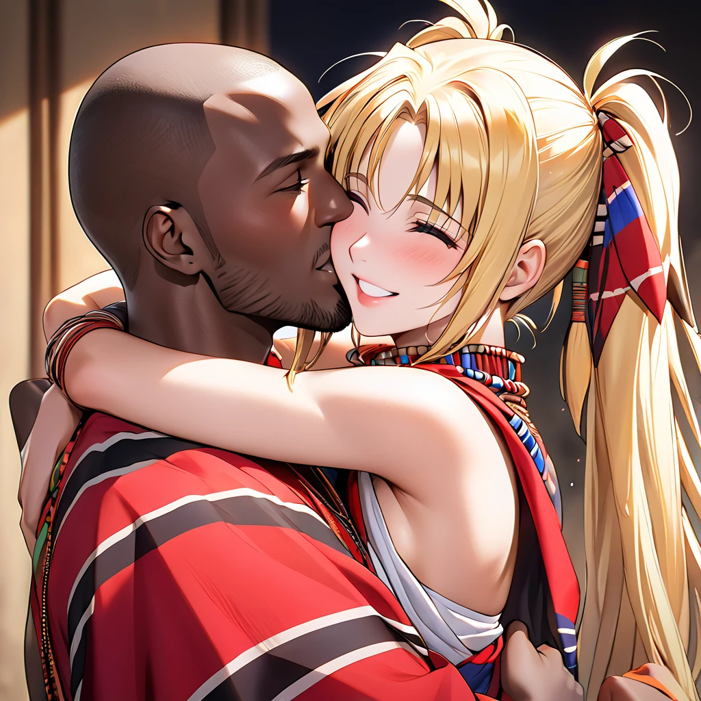 The woman who became the African Maasai tribe wears a Masai costume with a beautiful blond Maasai hairstyle, hugs, kisses, and loves each other by hugging and kissing her beloved husband's strong black Maasai man、((Best Quality)), ((masterpiece)), ( Details), （ perfect face）, The woman smiles kindly in Fate Testarossa, a blond Maasai woman with excellent proportions 