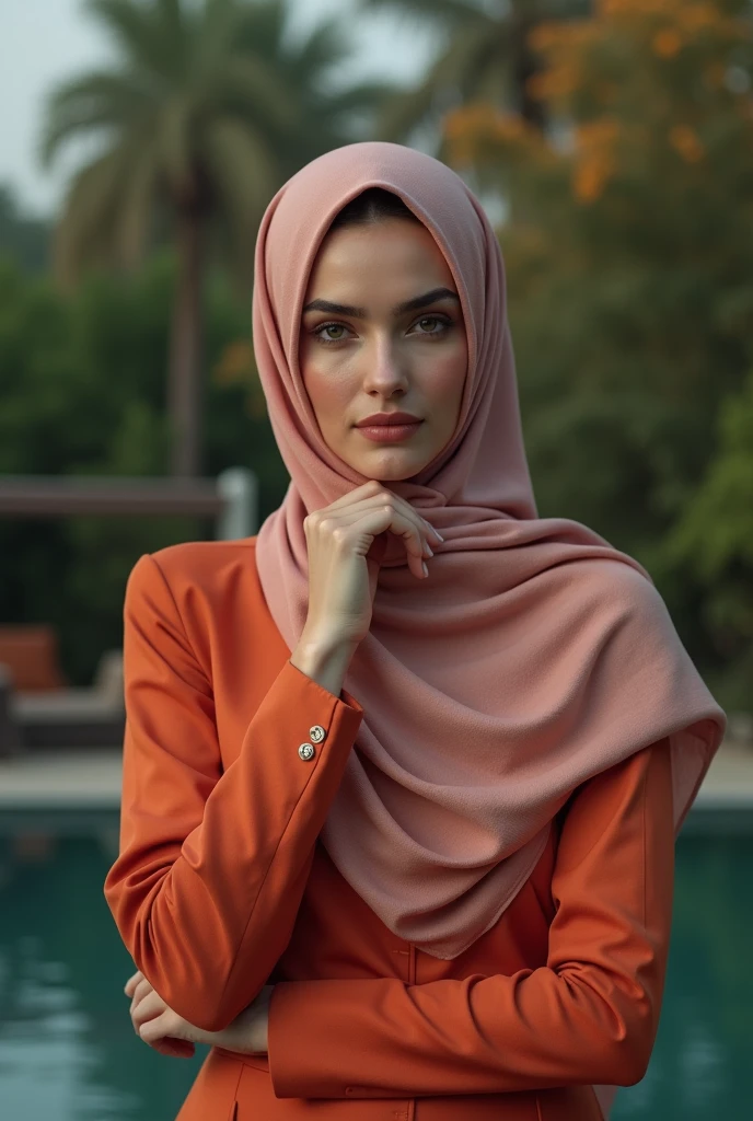 Vouges Red Hjab A beautiful woman wearing hijab in a luxury outdoor setting, elegant ...