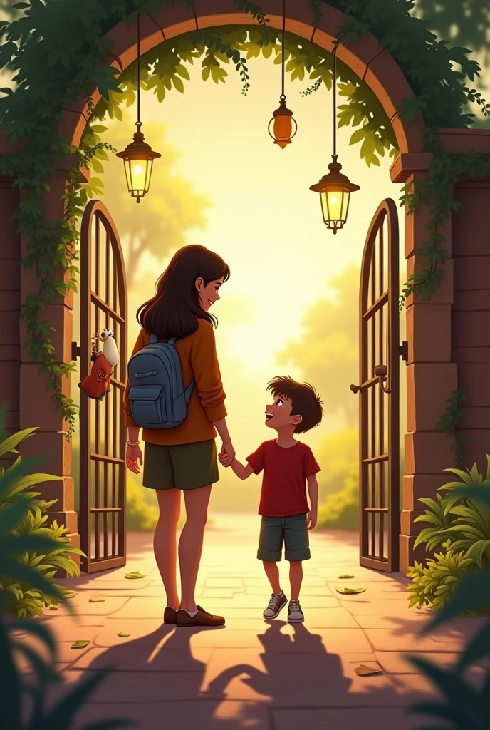 "Create an image of a young boy and his mother stepping out of their house, preparing to go to the hospital. The boy, about 6 years old, holds his mother's hand, looking up at her with concern. The mother has a gentle yet worried expression as she locks the front door behind them. They are dressed for a cool day, with the boy wearing a small backpack. The background shows the exterior of a modest home with a garden, the sky overcast, suggesting a serious yet hopeful mood as they head out to visit the boy's grandfather in the hospital."(illustration form)
