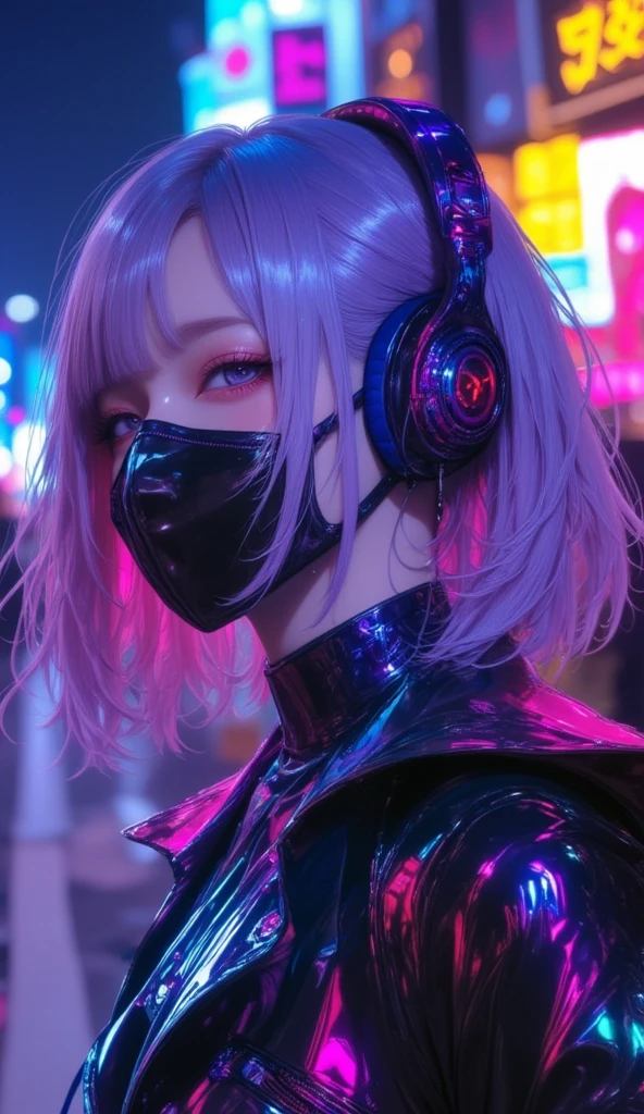 1girl,gal,masterpiece.Highest quality.4K.Headphones、 cyberpunk、pink haired、Blue Hair、Goth_punk, One Girl, Alone, Medium Shot, Walking around Harajuku, ((at night)), Bokeh Depth of Field, Neon Light, Rainbow Eyes, Starry Sky, 白くShiny Hair, White eyebrows, Shiny Hair, (Iridescent white hair), Earrings, Bans, gem, mask, Blunt bangs, Field&#39;s Eye, Mouth mask, blurred background, Blurred, hair ornaments, Look at the viewers, short hair, Portraiture, Side Lock