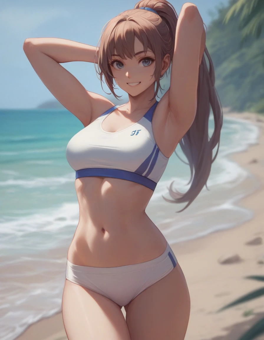 score_9, score_8_up, score_7_up, gsfghtr, ponytail, white sport bra, white sport panties, 1girl, smile, (navel), beach, (armpit), (thigh), sports center