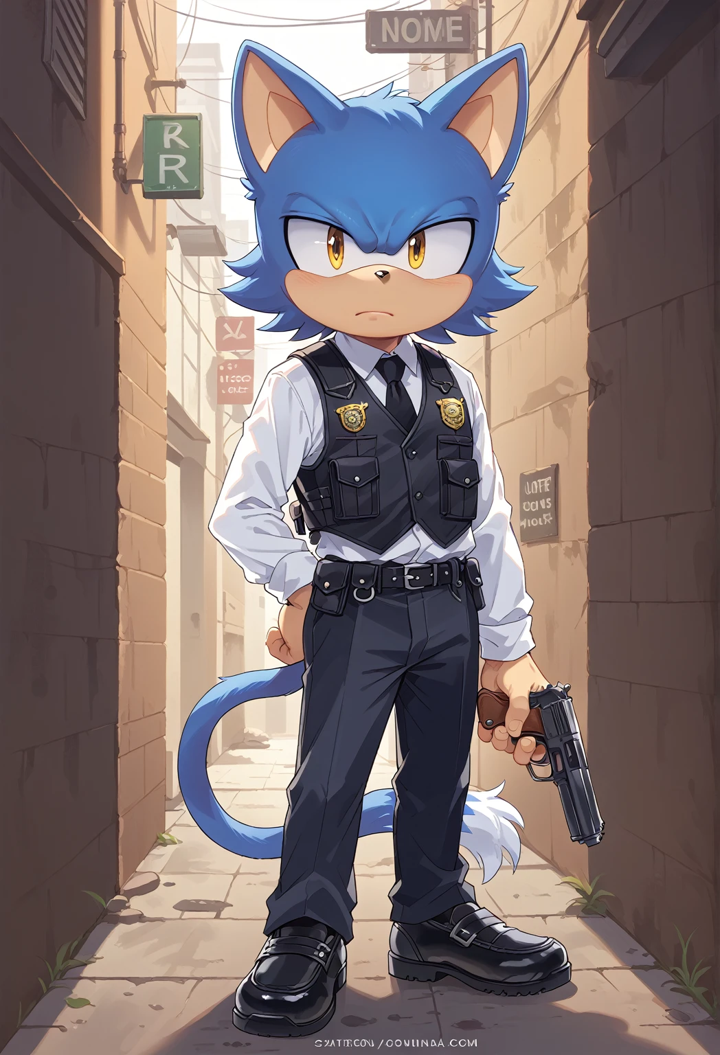 Male cat, ((Sonic character oc )), Male adult, (dark Navy Blue fur), ( Light White inner ears ), (Alone), ( Short hair ) , wears a police bulletproof vest and pants, white shirt, black tie, black formal shoes, yellow Eyes, Day time, ((mobian)), (Fur), Large cat Tail no fluffy, handgun, in pursuit through an alley, Name Zaos