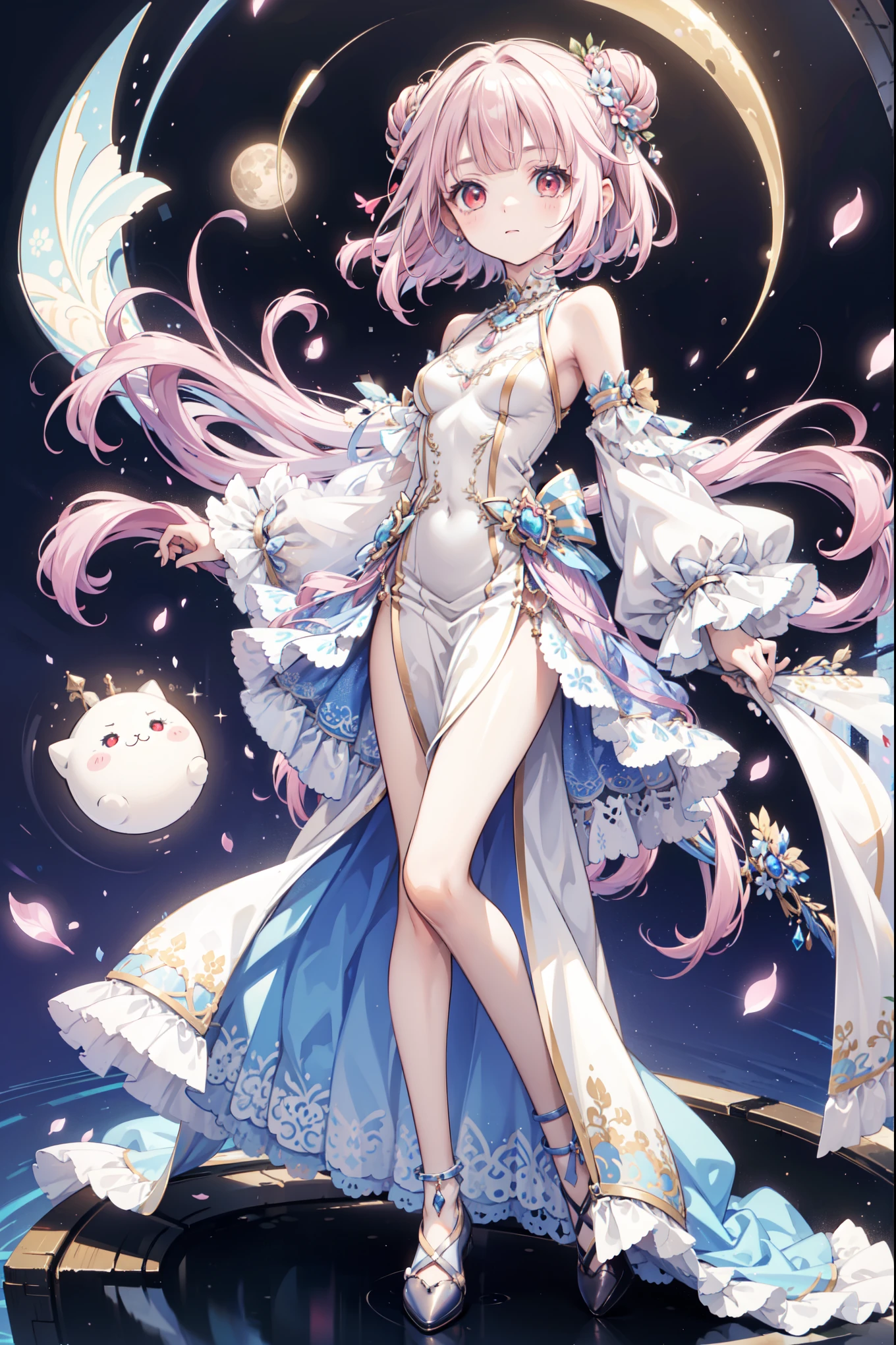 (((Best quality, High Res, masterpiece , masterpiece , Best, High Res))). a girl , solitary. (((My child is beautiful, Lovely girl with fine pink hair , Short, slim figure , and anime faces))). She is a young girl, About ten years old, has gorgeous white skin and long hair ,The princess of the Moon , tied it into a small bun. She has depth, Shining red eyes,tilt. There was no expression on her face.. She has medically correct body and adolescent breasts. Her limbs are slender, has medically correct limbs and fingers . Her skirt is white,Very short ((Long gown)), Translucent and transparent, With blue ivy pattern. When she is in a pose , Her clothes fluttered in the wind when she posed . Her background is a simple starry sky .
