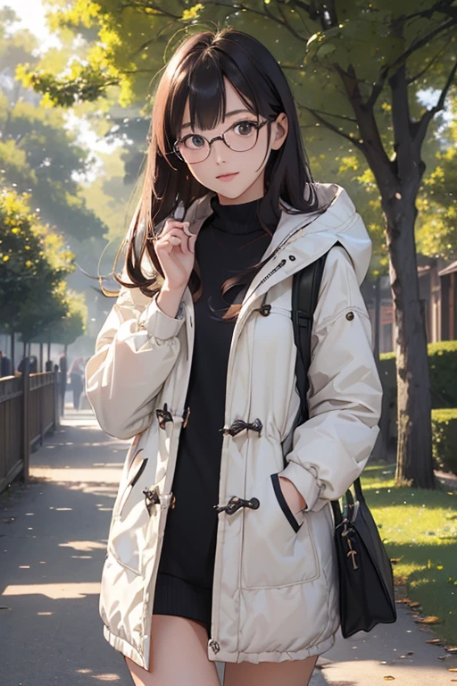 ((Best Quality)), ((傑Best Quality、masterpiece、High sensitivity、 Hi-Res、詳細な描写、 Delicate Facial Description)), Slender woman、Glasses、 duffle coat 、A tree-lined path in the park、