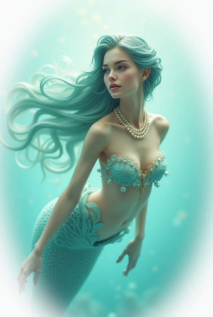 A Mermaid swimming in the clear waters . she wears a simple loincloth and a necklace of shells, showing medium tight breast, showing breast, tight tits, The coral reefs are teeming with marine life, such as fish, turtles, sharks, and manta rays. The islands are covered with tropical forests and white sand beaches. Intricate details and vibrant colors,intricate details, hyper realistic illustration, fantastic painting ,capturing the pristine and diverse beauty of the scene.