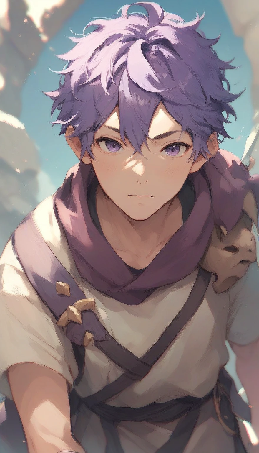 Tunic, 1 boy,purple eyes, purple hair,  messy hair, stone mask