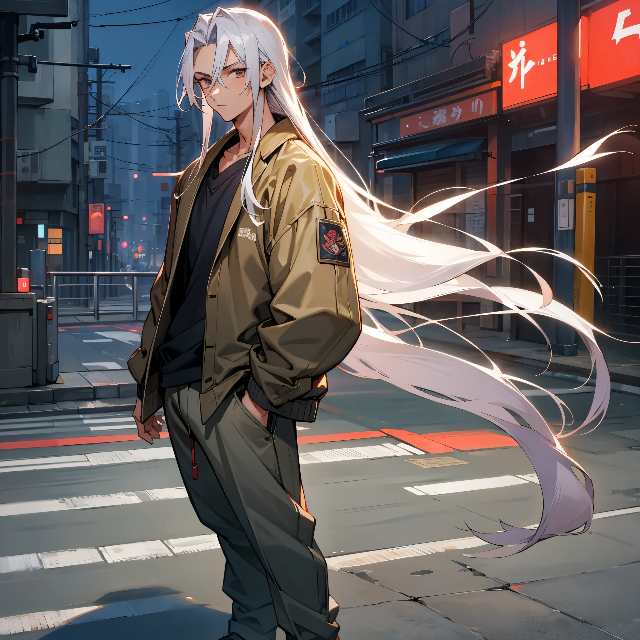 1male, young teen, tan skin, finely detailed plum eyes, straight long hair, grey hair color, fitted boomer jacket, designer shirt, baggy pants, standing on street, night time, tokyo streets, calm expression, muscular