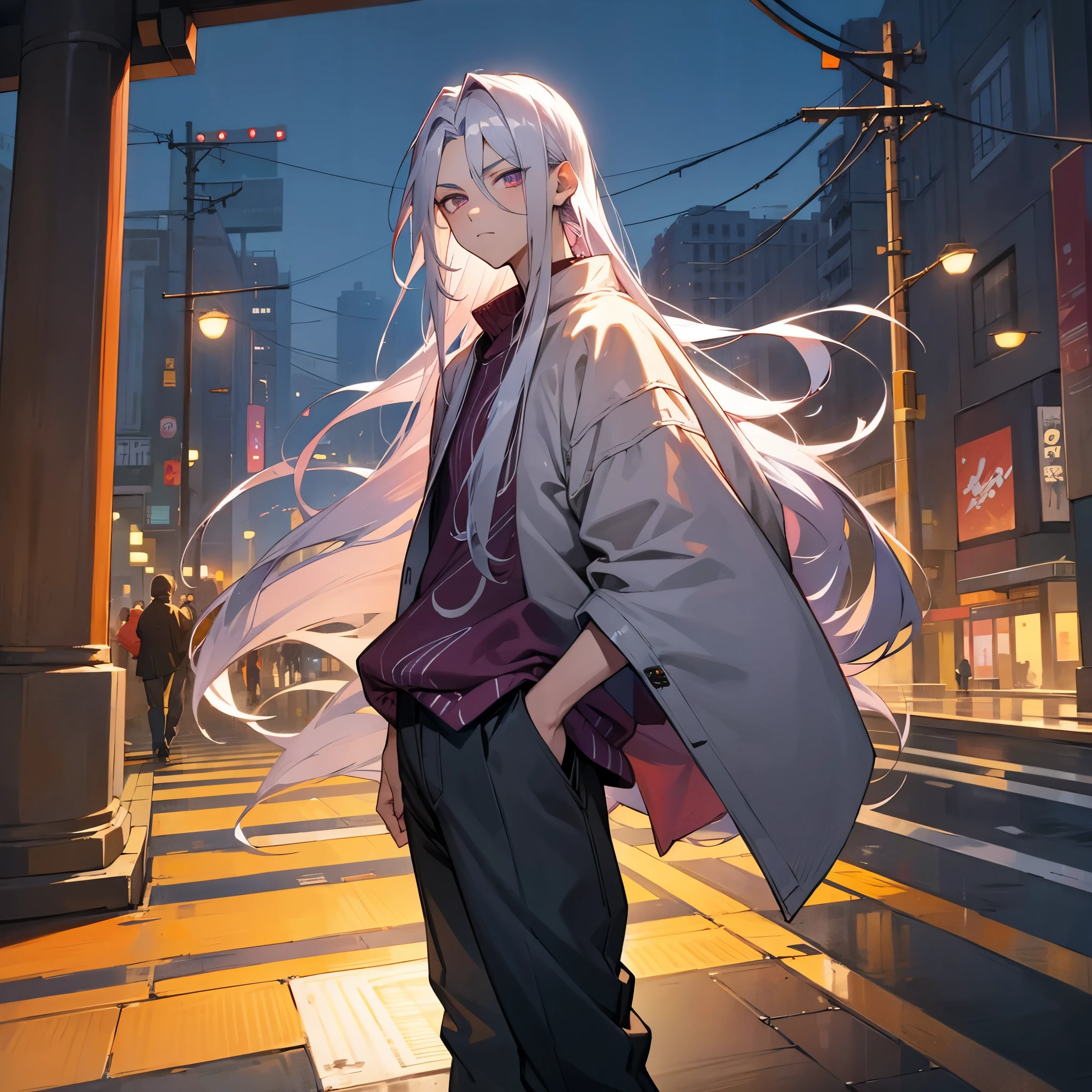 1male, young teen, finely detailed plum eyes, straight long hair, grey hair color, fitted boomer jacket, designer shirt, baggy pants, standing on street, night time, tokyo streets, calm expression, muscular