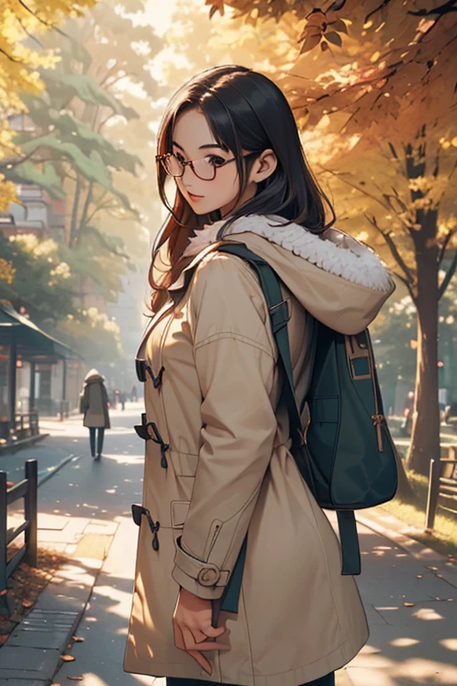 ((Best Quality)), ((傑Best Quality、masterpiece、High sensitivity、 Hi-Res、詳細な描写、 Delicate Facial Description)), Slender woman、Glasses、 duffle coat 、A tree-lined path in the park、