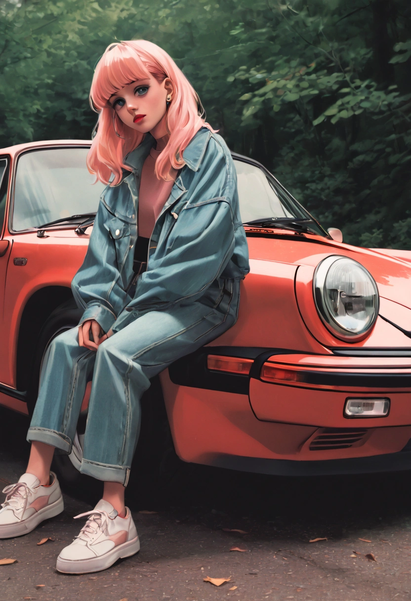 there is a woman sitting on the ground next to a car, an album cover inspired by Elsa Bleda, tumblr, photorealism, porche, lo fi, girl screamin yolo - aesthetic, 90’s photography, lofi artstyle, vhs style, nostalgic vibes, low quality photo, grunge aesthetic, petrol aesthetic, 9 0 s vhs aesthethic
