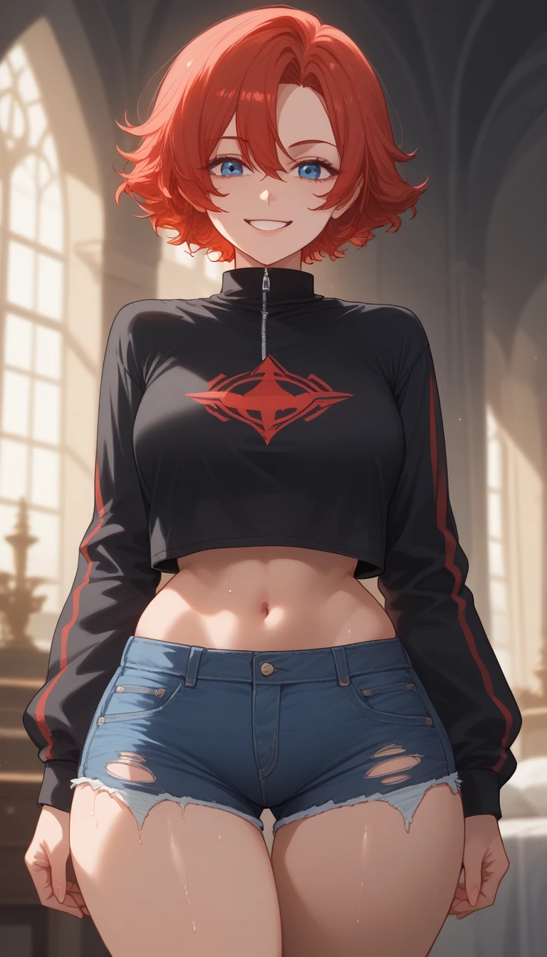  Siph (castelovania),  (( short red hair )),blue eyes, smile,  thick thighs  , big boobs, Wear a black shirt with an open shoulder ,  tight and ripped denim shorts with an open zipper,charme,  vibrant colors , standing,vista inferior, wet,Castle Room ,  global illumination ,detailed