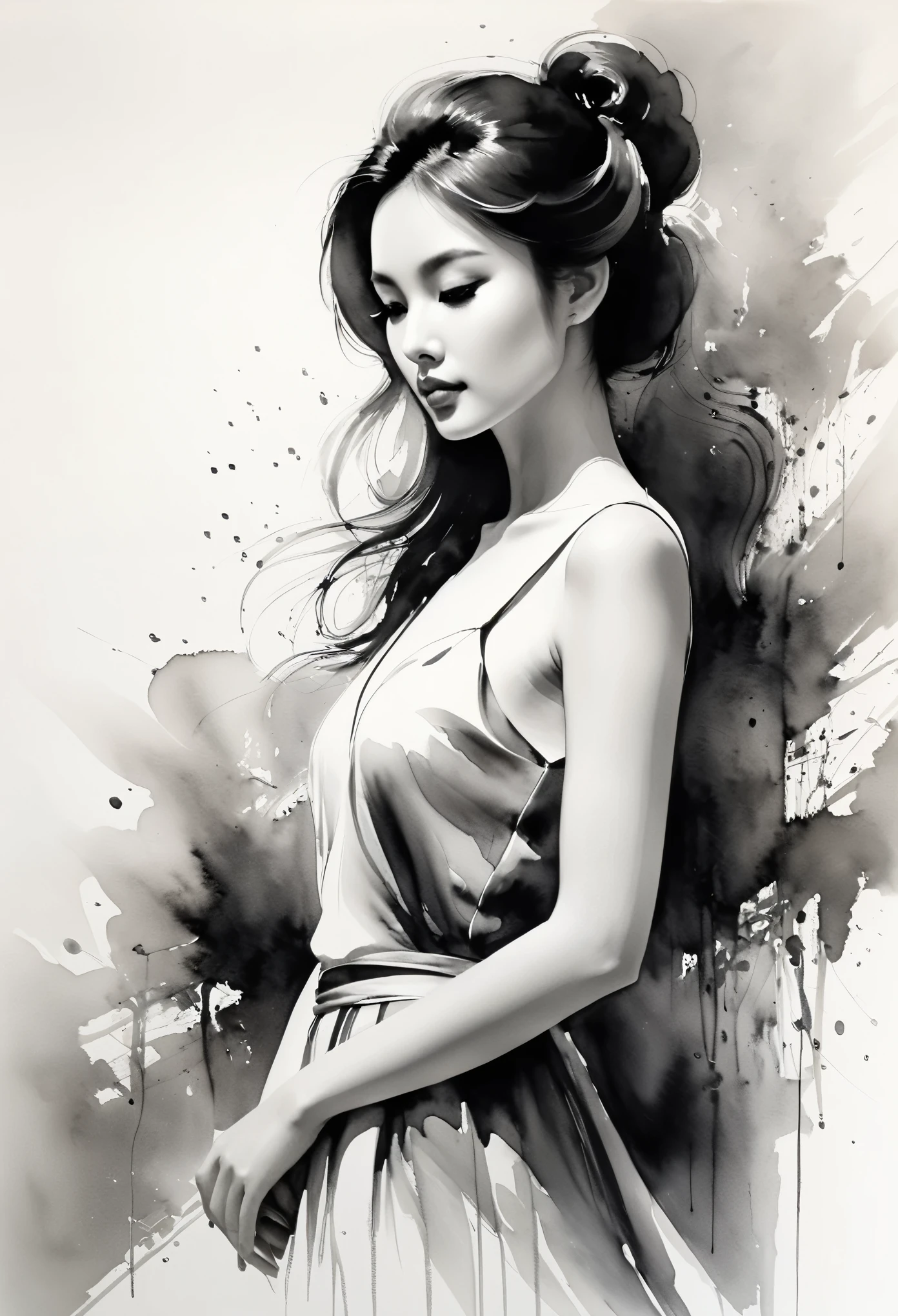 Daughter，ink painting，soft brush strokes， Draw delicate lines with a pen，fluid action，subtle ink tones，elegant posture，calm look，delicate features， Black and White ，clean