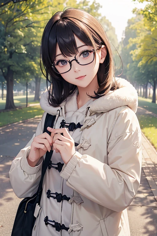 ((Best Quality)), ((傑Best Quality、masterpiece、High sensitivity、 Hi-Res、詳細な描写、 Delicate Facial Description)), Slender woman、Glasses、 duffle coat 、A tree-lined path in the park、