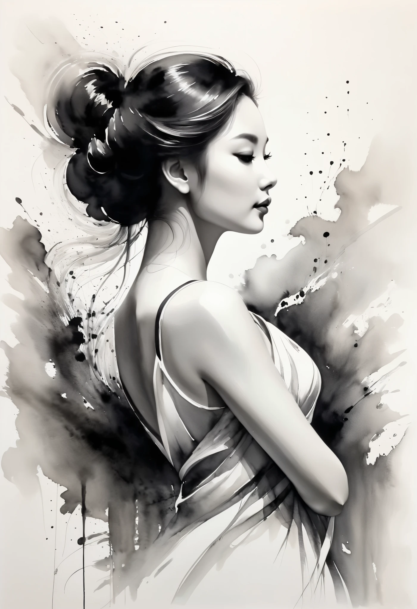 Daughter,ink painting,soft brush strokes, Draw delicate lines with a pen,fluid action,subtle ink tones,elegant posture,calm look,delicate features, Black and White ,clean