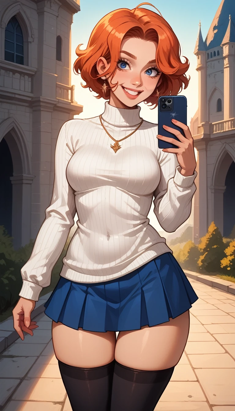  Siph (castelovania), white sweater with one shoulder and tight black mini skirt above the thigh, short red hair ,blue eyes, smile,  thick thighs  , big boobs,   vibrant colors   , taking a selfie ,(((pose sexy ))), Castle Hall  ,  global illumination ,detailed,visual effects