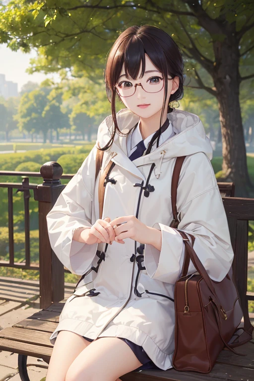 ((Best Quality)), ((傑Best Quality、masterpiece、High sensitivity、 Hi-Res、詳細な描写、 Delicate Facial Description)), Slender woman、Glasses、 duffle coat 、A tree-lined path in the park、