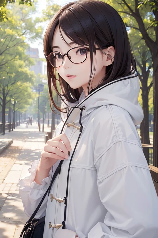 ((Best Quality)), ((傑Best Quality、masterpiece、High sensitivity、 Hi-Res、詳細な描写、 Delicate Facial Description)), Slender woman、Glasses、 duffle coat 、A tree-lined path in the park、