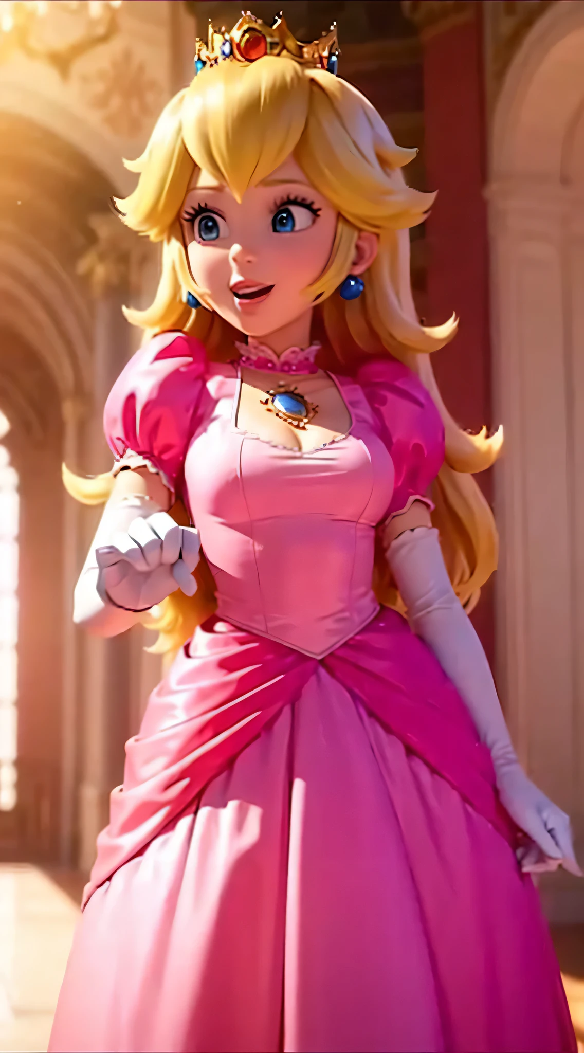 (Inside a castle setting,)  A ite Princess Peach wearing a beautiful hot pink dress, she is gentle and compassionate and is shown smiling gently, she is over 6 feet tall and wears a golden crown atop her blond hair and white gloves. With a focus on her large alluring chest, ( large chested, decolletage, ( poking through clothing)), she is depicted in a close-up shot from below.