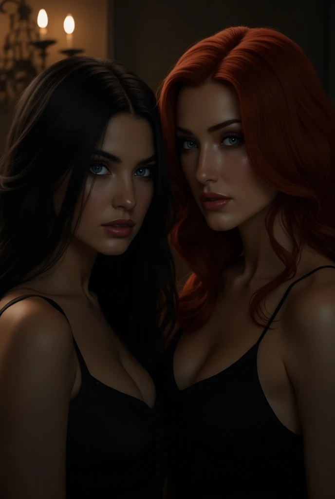 there is a woman with face of Anne Hathaway morphed with Angelina Jolie with red hair and a black dress, charlie bowater rich deep colors, stunning digital illustration, portrait of beautiful vampire, artgerm greg rutkowski _ greg, artgerm and warren louw, charlie bowater character art, artgerm julie bell beeple, style of charlie bowater, artgerm and lois van baarle