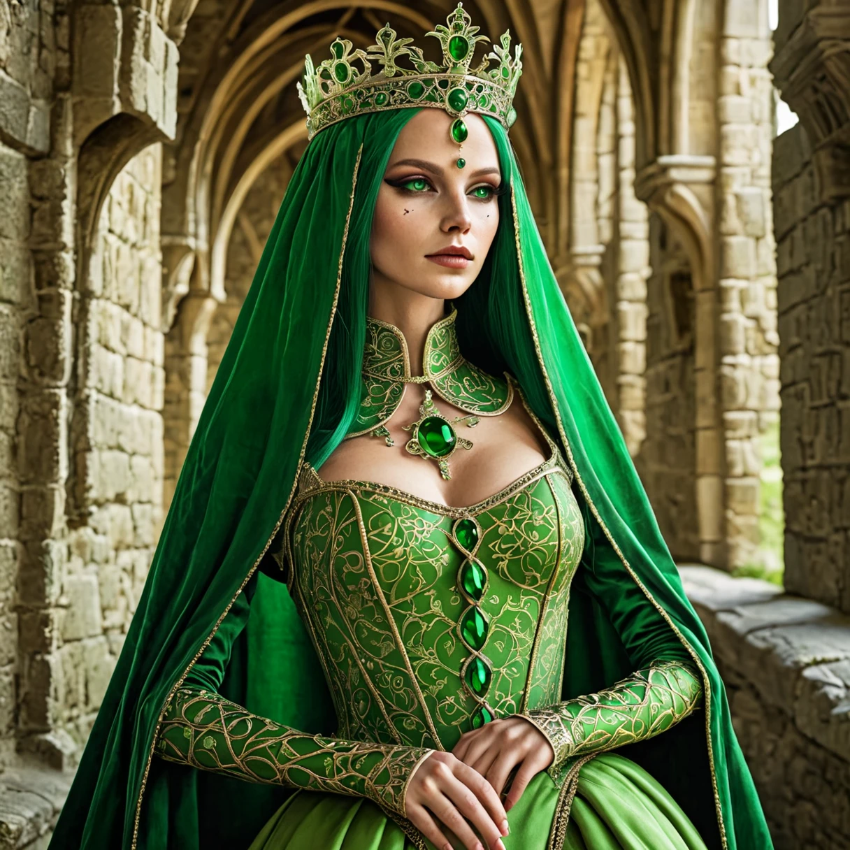 A 1, pale skin, silver hair, green 1500 dress,semi-chubby and body with large breasts, a strip on her head with a semi-transparent green veil