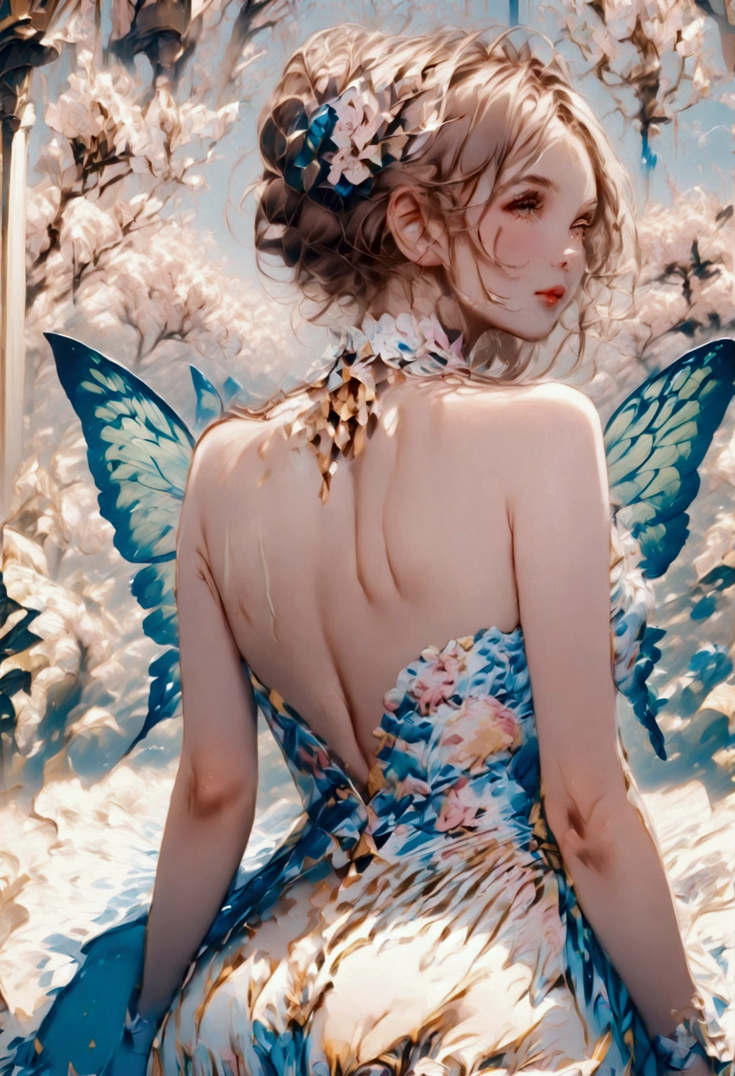There is a woman wearing flowers made up of ornaments,Butterflies fluttered around her, beautiful face,Nice big eyes,perfect body figure,Accurate human anatomy,stunning 3d render of a fairy, Ethereal beauty, Ethereal fantasy, a stunning young ethereal figure, karol bak uhd, high fashion fantasy, fantasy. Intricate, Goddess. Extremely high detail, fantasy beautiful, ethereal details,ethereal skin,tmasterpiece,4K,professional photoshooting,
