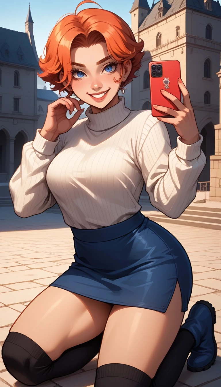  Siph (castelovania),  white sweater and tight black mini skirt above the thigh, short red hair ,blue eyes, smile,  thick thighs  , big boobs,   vibrant colors   , taking a selfie ,(((Sexy pose kneeling , black socks, blue boots ))), Castle Hall  ,   global lighting  ,detailed,visual effects