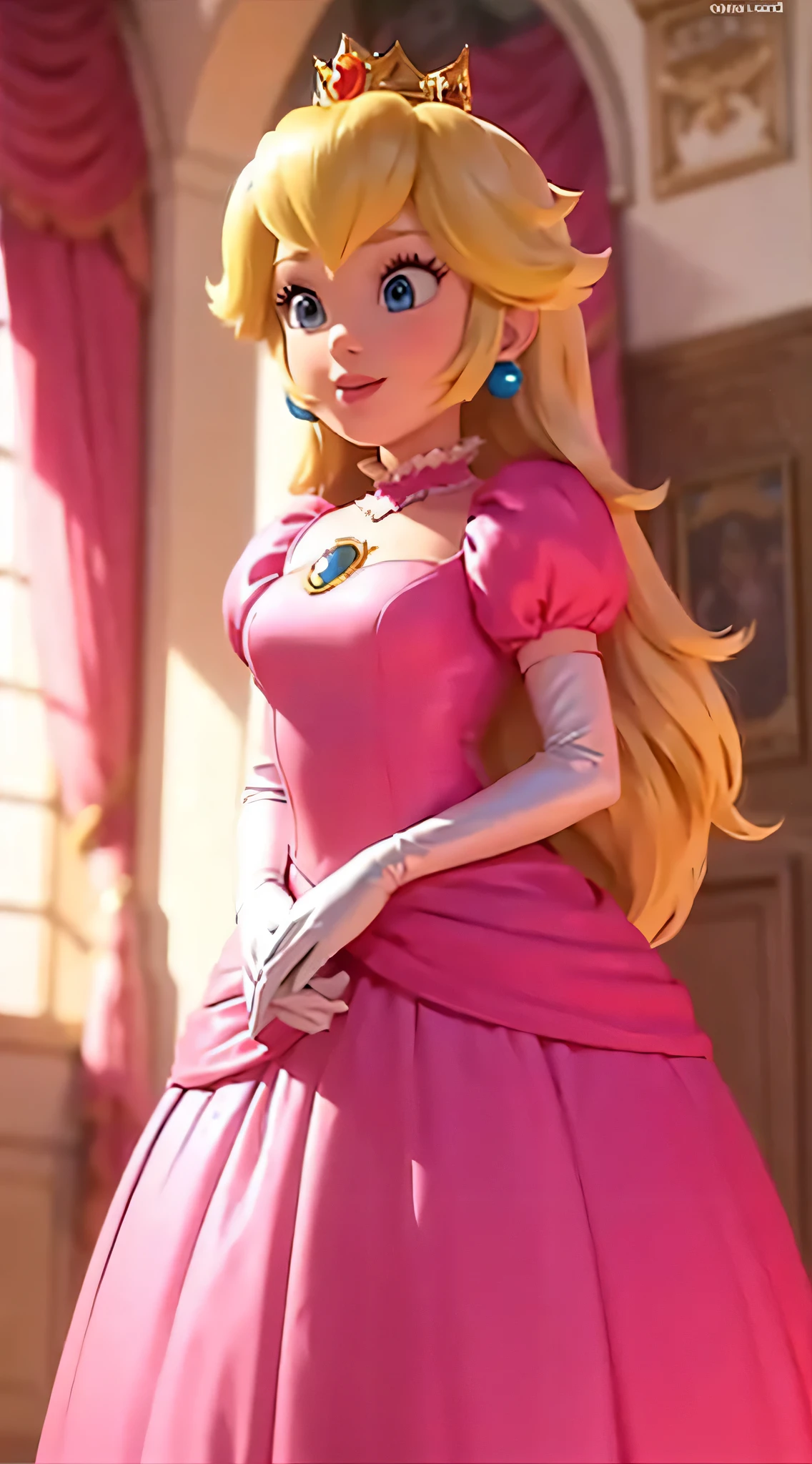 (Inside a castle setting,)  A petite Princess Peach wearing a beautiful hot pink dress, she is gentle and compassionate and is shown smiling gently, she is over 6 feet tall and wears a golden crown atop her blond hair and white gloves. With a focus on her large alluring chest, ( large chested, decolletage, ( poking through clothing)), she is depicted in a close-up shot from below.