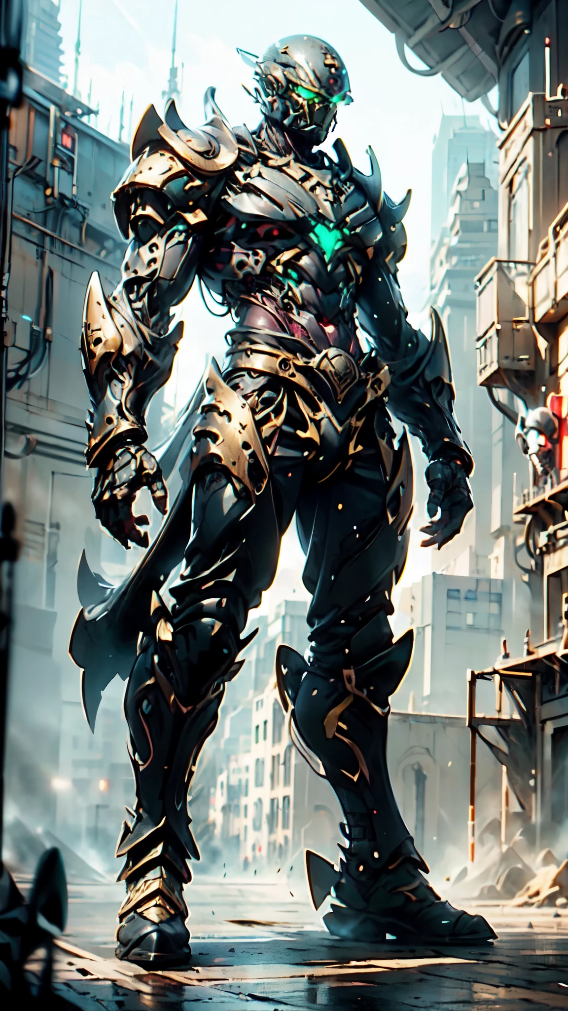 (masterpiece:1.5, best quality:1.5, extremely delicate:1.5), ((male:1.5)), a man wearing a full-face helmet, green eyes, fantasy-style high-tech biomimetic armored combat suit, (a composite layered chest armor), the design balances heavy with agility, fully enclosed shoulder guards, matching arm and leg guards, a belt of gemstone, (the color scheme is primarily Red and Golden with Black accents, Organic Biotech, Concept Inspired by NightmarishAI, glowing eyes, armor glows, stand of a futuristic sci-fi city), this character embodies a finely crafted fantasy-style armored hero in anime style, exquisite and mature art style, metallic, high definition, highres, ultra-detailed, ultra-fine painting, professional, perfect body proportions, golden ratio, anatomically correct, symmetrical face, extremely detailed eyes and face, high quality eyes, creativity, RAW photo, UHD, 32k, Natural light, cinematic lighting, masterpiece-anatomy-perfect