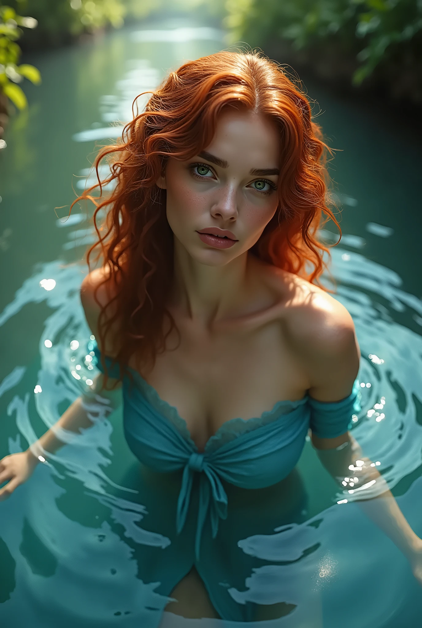 Portrait d'une rousse de 30 ans, silhouette fine, dressed in'une nuisette transparente en dentelle , dans un lac, les bras et les jambes dans l'eau, seduction, soleil couchant, cinematic rendering, 32K, CRU