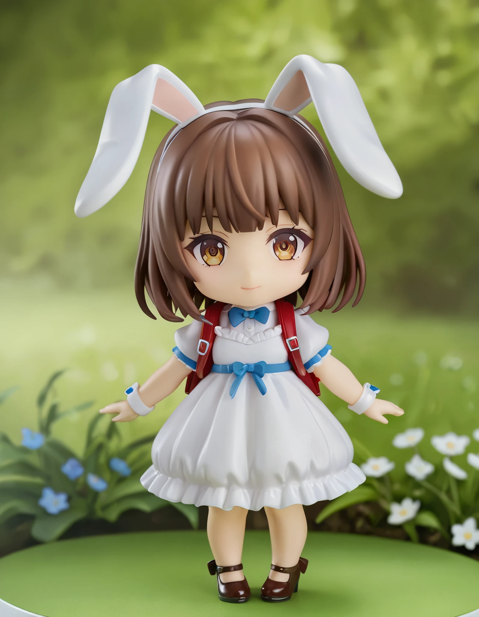 masterpiece, best quality, high resolution, extremely detailed, detailed background, cinematic lighting, 1girl, looking at viewer, animal ears, wear high heels,  dress, puffy dress,  dress,  standing, rabbit ears, short sleeves, looking at viewer, grass, medium hair, smile, brown hair, puffy sleeves, outdoors, puffy short sleeves, bangs, full body, wearing red backpack, randoseru backpack, white dress, sunlight, brown eyes, simple background, PVC models, nendoroid 