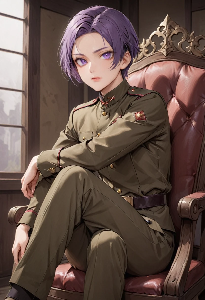 Masterpiece, highest quality, highest resolution, detailed depiction,solo, One young man、elite、uniform、Cool look、Narrow eyes、Purple Eyes、Thin lips、紺色の髪、 short hair、Condescending gaze、Sit on a large chair and cross your legs 、 Place your elbows on the armrests and place your fingers around your temples、Angle from the ground、