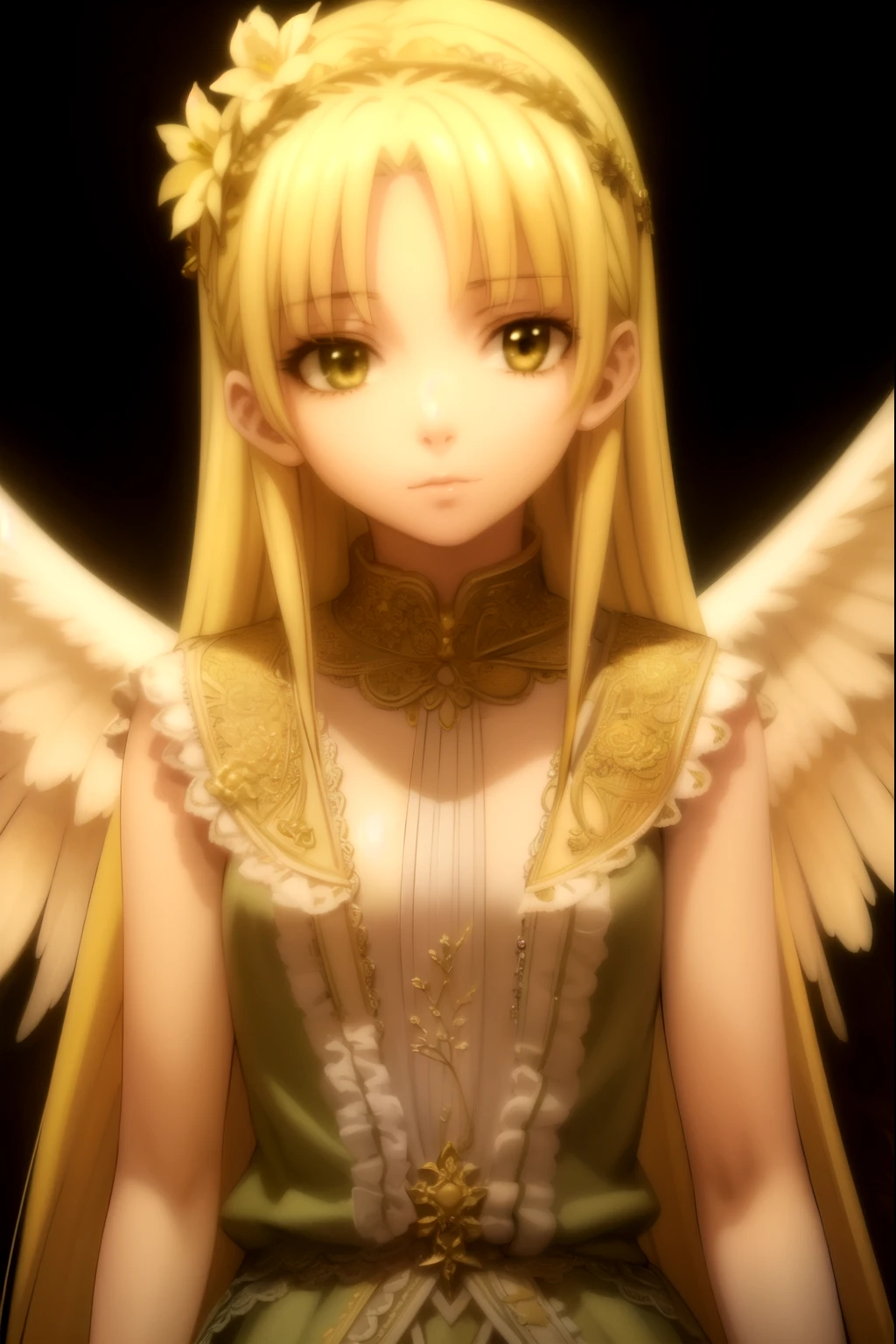 A beautiful young girl with yellow hair and angelic wings, highly detailed anime style illustration, 1girl, detailed facial features, long eyelashes, flower crown, elegant pose, cinematic lighting, vibrant colors, digital painting, masterpiece, photorealistic, 8k, best quality