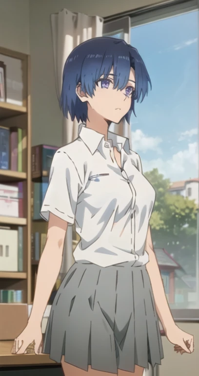 pikkykamiya , 1 , Alone, looking at the spectator , blue hair, short hair, fringe, blue eyes, purple eyes , breasts, medium breasts, skirt, shirt, school uniform , grey skirt, pleated skirt, white shirt