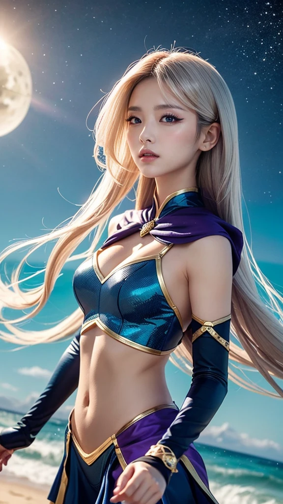 Woman with white hair and blue highlights, blue right eye and amber left eye, lotus in hair, dressed, in white, golden armour, , meditation pose, floating on a large lotus flower 4k