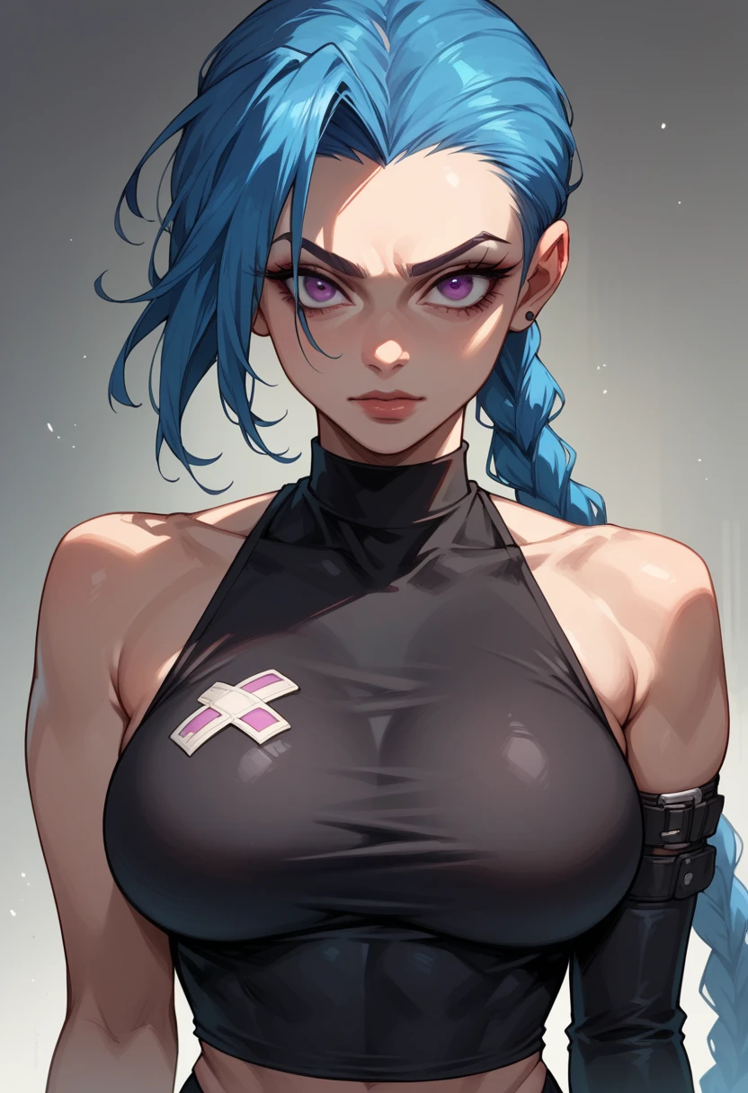 Jinx,blue hair,undercut,braid,purple eyes,black shirt,tight,bare shoulders,highneck,big breasts,deep of filed,highres,quality,detailed