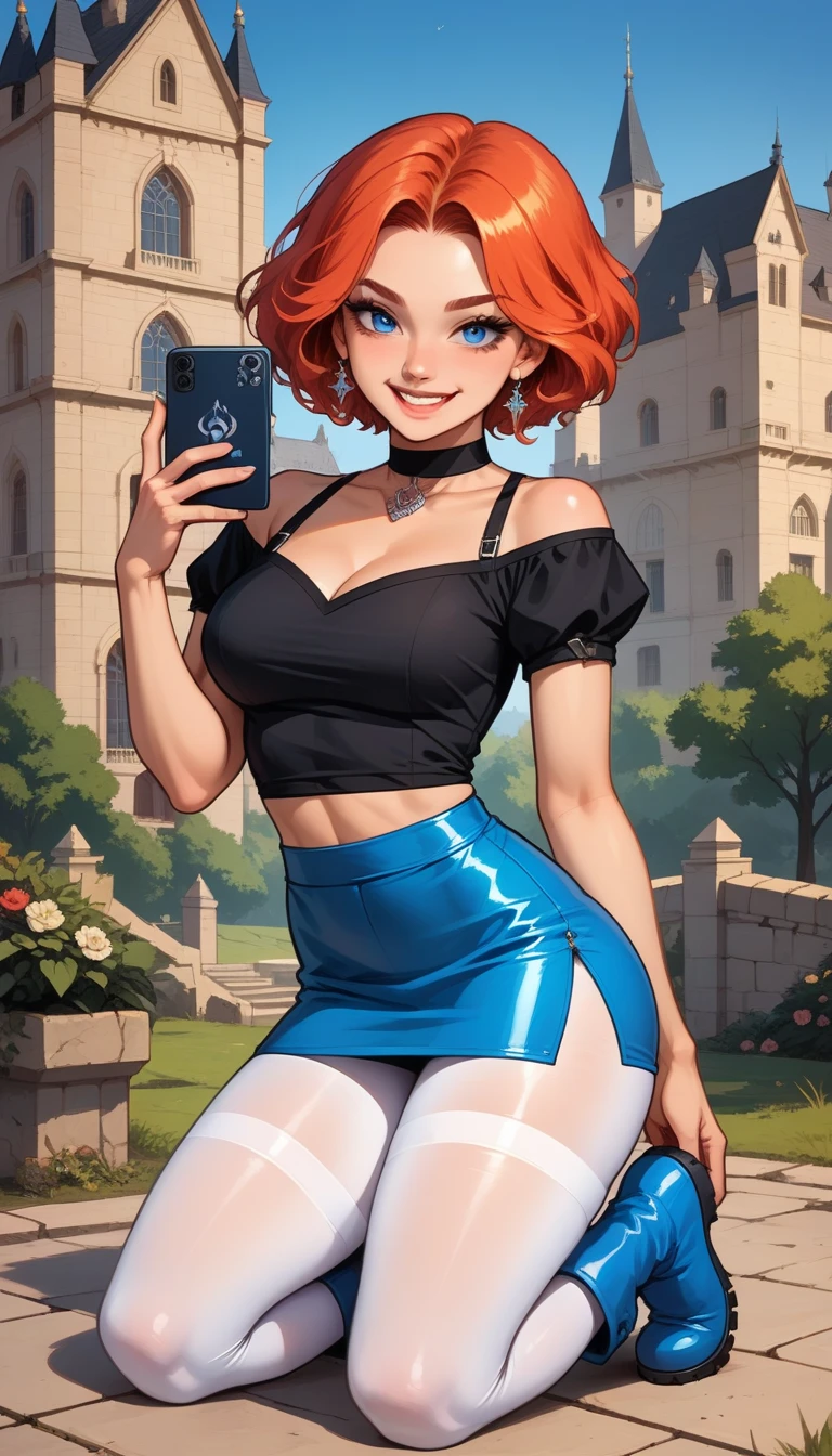  Siph (castelovania),  black blouse with thin straps and transparent detail and tight black mini skirt above the thigh, short red hair ,blue eyes, smile,  thick thighs  , big boobs,   vibrant colors   , taking a selfie ,(((Sexy pose kneeling ,white tights and blue boots  ))), Castle Hall  ,   global lighting  ,detailed,visual effects