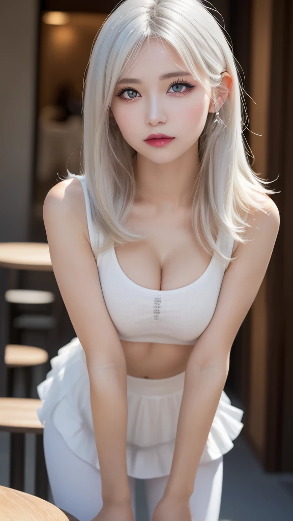 One girl, seen from the thighs up、Real17歳女性、cute、from side,((Small breasts))、(((Long white hair)))、((Completely naked))、((Casual Outfits)） And a very slim figure,,,,,、Very thin leganicules、Earrings、Pink Lip、choker、Real、Sexual、Highest quality、Detailed face、Detailed Background、Depth of written boundary、whole body viewing angle、Sexual、alone、night,Highest quality、High resolution、超High resolution（Real：1.4）Detailed eyes、Gradation、Perfect anatomical figure、Woman with perfect body、Highly detailed skin、非常にDetailed face、Beautiful eyes in every detail、Background Blur
